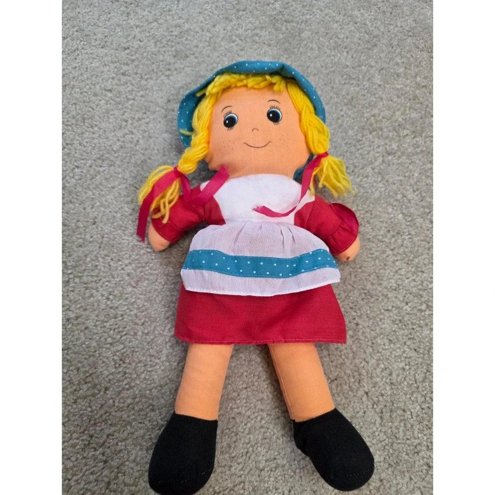 Vintage Rag Doll Plush Yellow Yarn Pigtails Red Dress Blue Bonnet 15 Inch